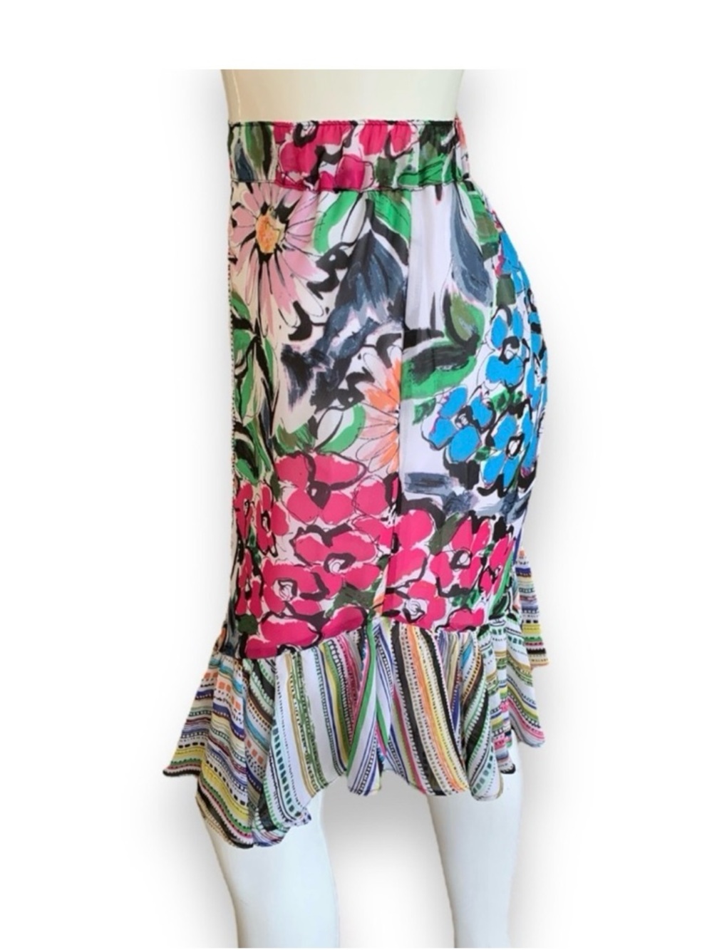 Melissa Paige Multi-Color Floral & Stripe Ruffle Mini Skirt Size Large P Stretch